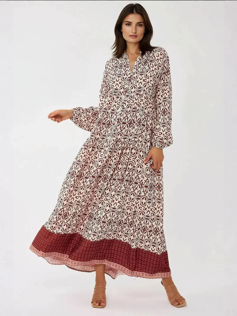 زوبعة فستان ماكسي مطبوع بياقة قميص