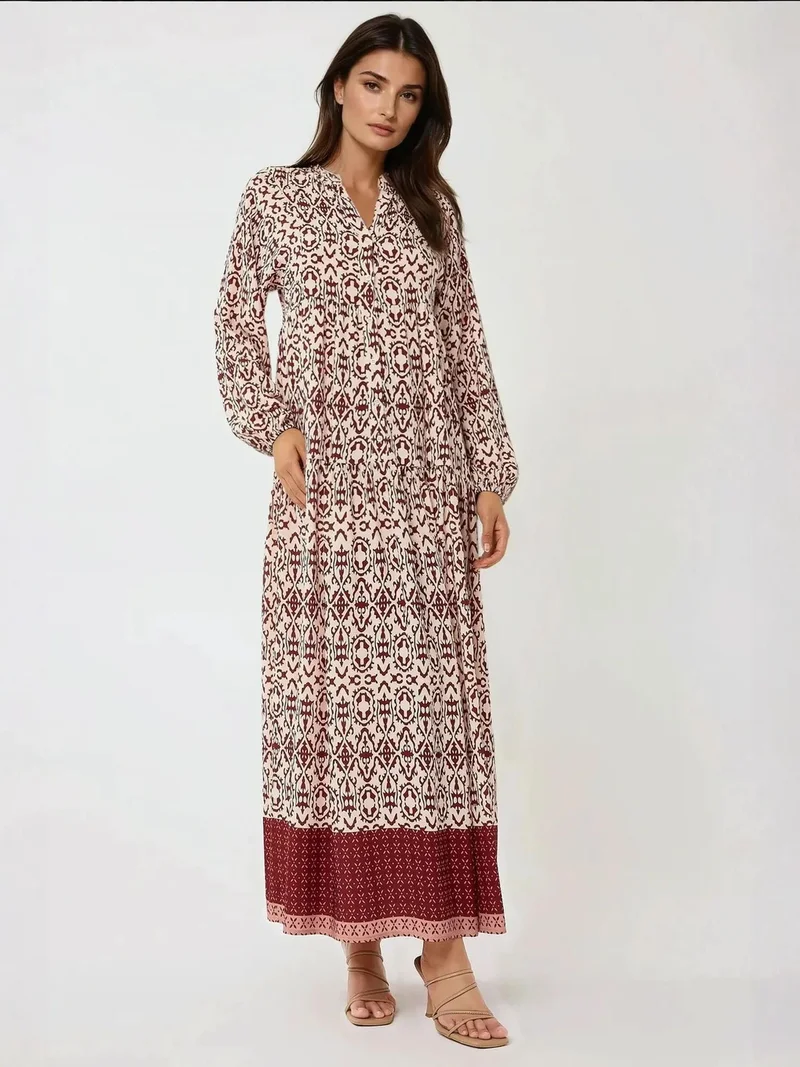 زوبعة فستان ماكسي مطبوع بياقة قميص