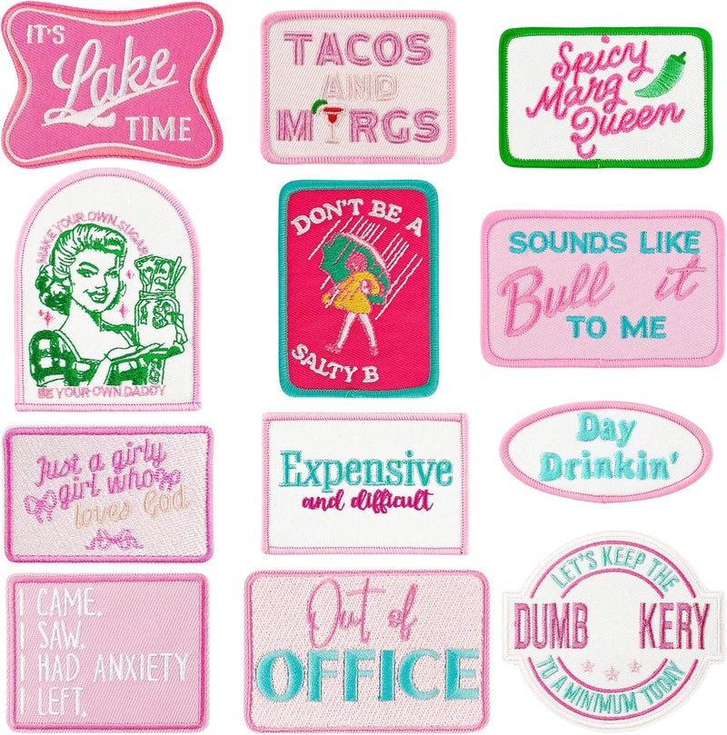 loghohu 12 Pcs Funny Trucker Hat Patches Iron on Pink Humor Embroidered Patches for Girls Women Vintage Sew Applique Repair Patches DIY Sew on Patches for Hat Backpacks Pants Jacket DIY Accessories - Image 1