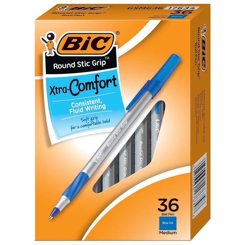 BIC Round Stic Grip Xtra Comfort Blue Ballpoint Pens, Medium Point (1.2mm), 36-Count Pack, Excellent Writing Pens With Soft Grip for Superb Comfort and Control - Image 1