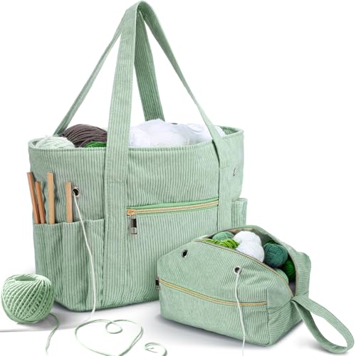 Bulyoou 2 Pcs Crochet Bag and Tote Set Corduroy Yarn Bag Crochet Tote Bag for Crochet Hooks Organizer Yarn Holder for Crochet Lovers Knitting Bag Crochet AccessoriesGreen - Image 1