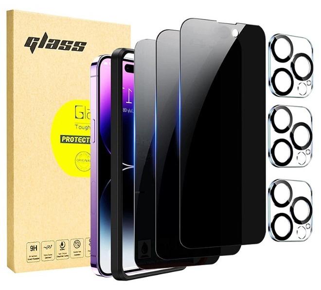 [3+3 Pack] Privacy Screen Protector for iPhone 15 Pro [6.1 inch] with Camera Lens Protector Set,  Anti-Spy Tempered Glass Screen Protector, 9H Hardness, HD, Bubble Free, Scratch Resistant - Image 1