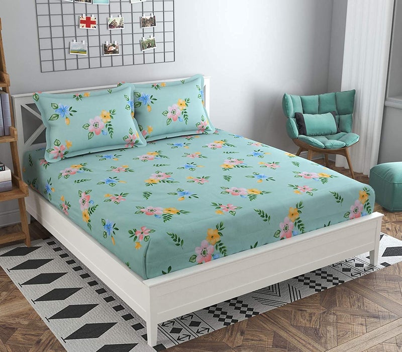 TIB 130 GSM Cotton Feel Polycotton King Size Bed Sheet with 2 Pillow Covers,90X100 Inches, Sea Green Flower - Image 1