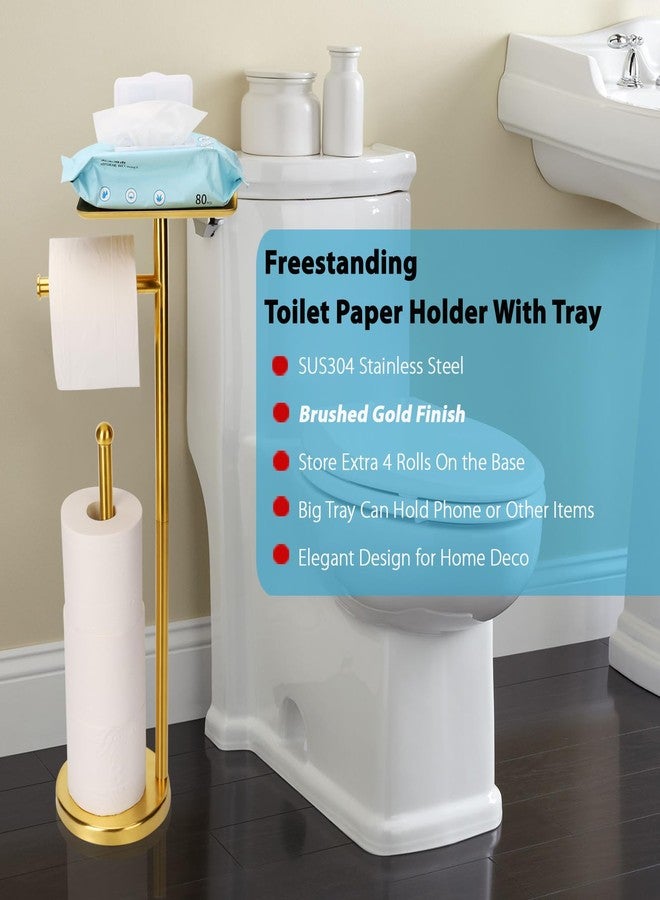 Noonext Gold Toilet Paper Holder Stand, Freestanding Toilet Paper Stand with Tray for Small Items, Toilet Paper Holder with Shelf, Storage Space for 4 Extra Toilet Paper Rolls (Gold) - Image 2