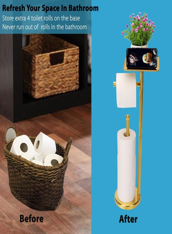 Noonext Gold Toilet Paper Holder Stand, Freestanding Toilet Paper Stand with Tray for Small Items, Toilet Paper Holder with Shelf, Storage Space for 4 Extra Toilet Paper Rolls (Gold) - Image 5