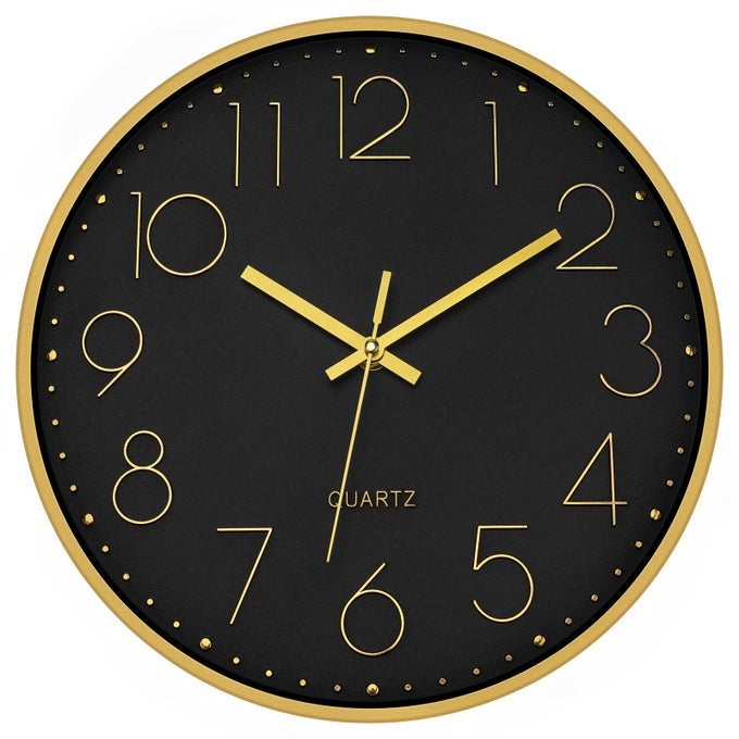 BLACK GOLD WALL CLOCK 12 INCH SILENT NONTICKING BATTERY OPERATED ROUND QUARTZ MODERN WALL CLOCK FOR LIVING ROOM KITCHEN BEDROOM HOME OFFICE SCHOOL DECOR