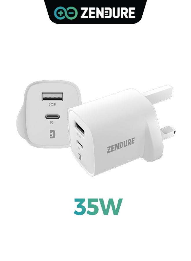 ZENDURE 35W Wall Charger SuperPort with UK Plug | Super Compact Dual Port Wall Charger (USB-C PD + USB-A QC3.0) | Ultra-Fast 35W Charging for iPhone 17/16 /15/14 Series, Samsung Galaxy S23/S22/S21 Series, iPad Pro, AirPods, Huawei and More | Travel-Friendly White - Image 1
