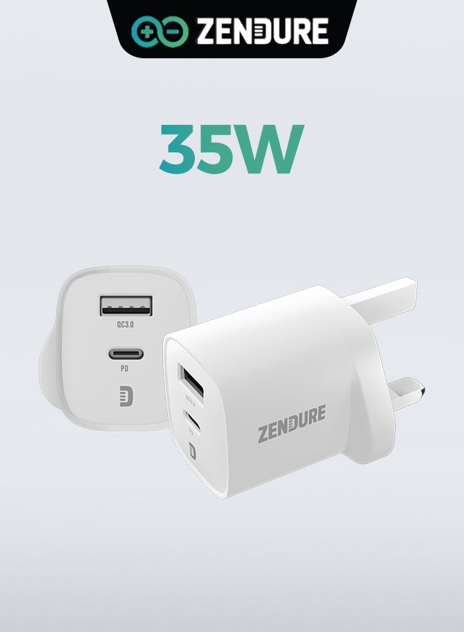 ZENDURE 35W Wall Charger SuperPort with UK Plug | Super Compact Dual Port Wall Charger (USB-C PD + USB-A QC3.0) | Ultra-Fast 35W Charging for iPhone 17/16 /15/14 Series, Samsung Galaxy S23/S22/S21 Series, iPad Pro, AirPods, Huawei and More | Travel-Friendly White - Image 1