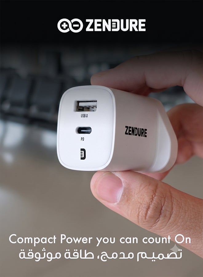 ZENDURE 35W Wall Charger SuperPort with UK Plug | Super Compact Dual Port Wall Charger (USB-C PD + USB-A QC3.0) | Ultra-Fast 35W Charging for iPhone 17/16 /15/14 Series, Samsung Galaxy S23/S22/S21 Series, iPad Pro, AirPods, Huawei and More | Travel-Friendly White - Image 3