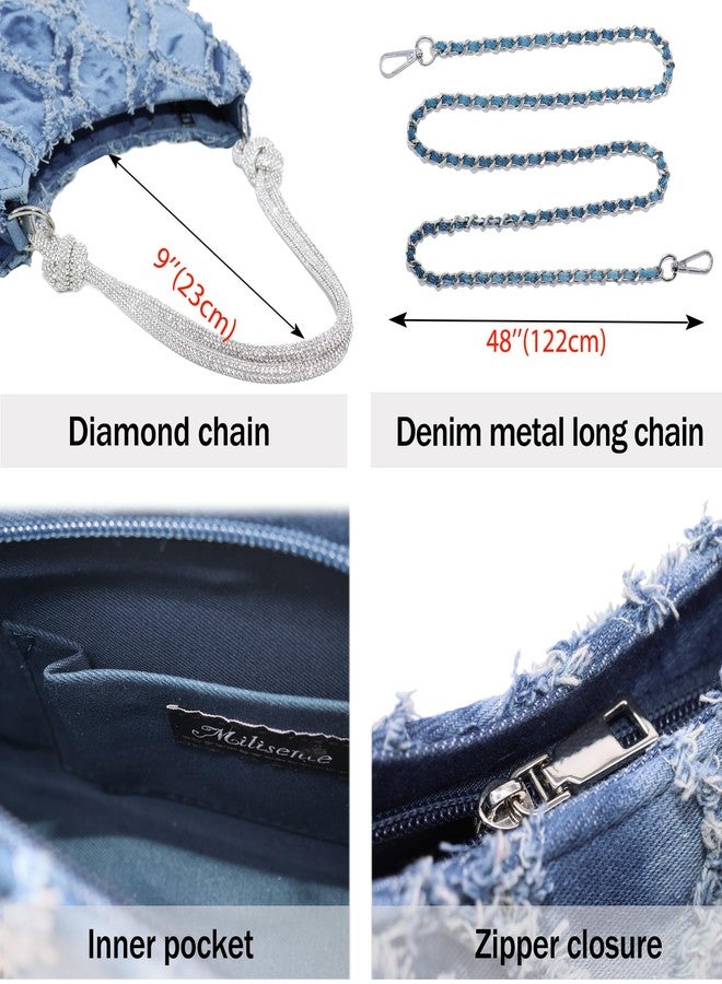 Milisente Clutch Purses For Women Vintage Evening Clutch Bags Formal Shoulder Bag With Rhinestone Handle (Denim Blue) - Image 5