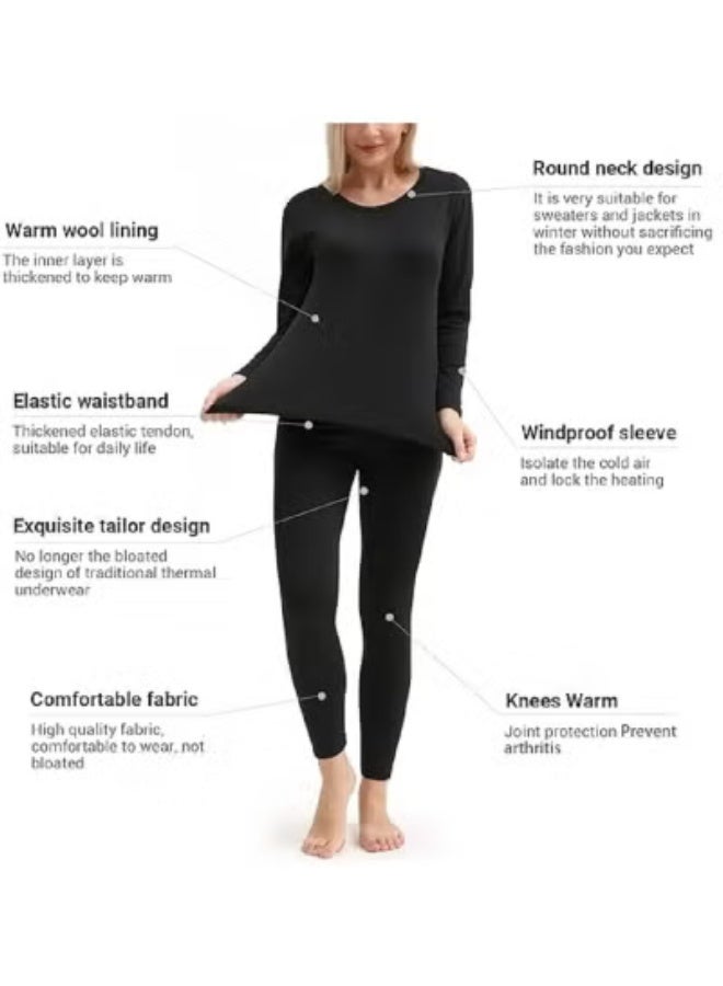 Thermal Underwear Women Ultra-Soft Long Johns Set Base Layer Skiing Winter Warm Top & Bottom-Balck - Image 3