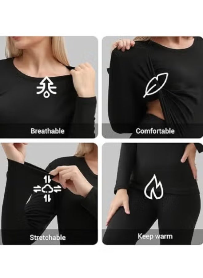 Thermal Underwear Women Ultra-Soft Long Johns Set Base Layer Skiing Winter Warm Top & Bottom-Balck - Image 4