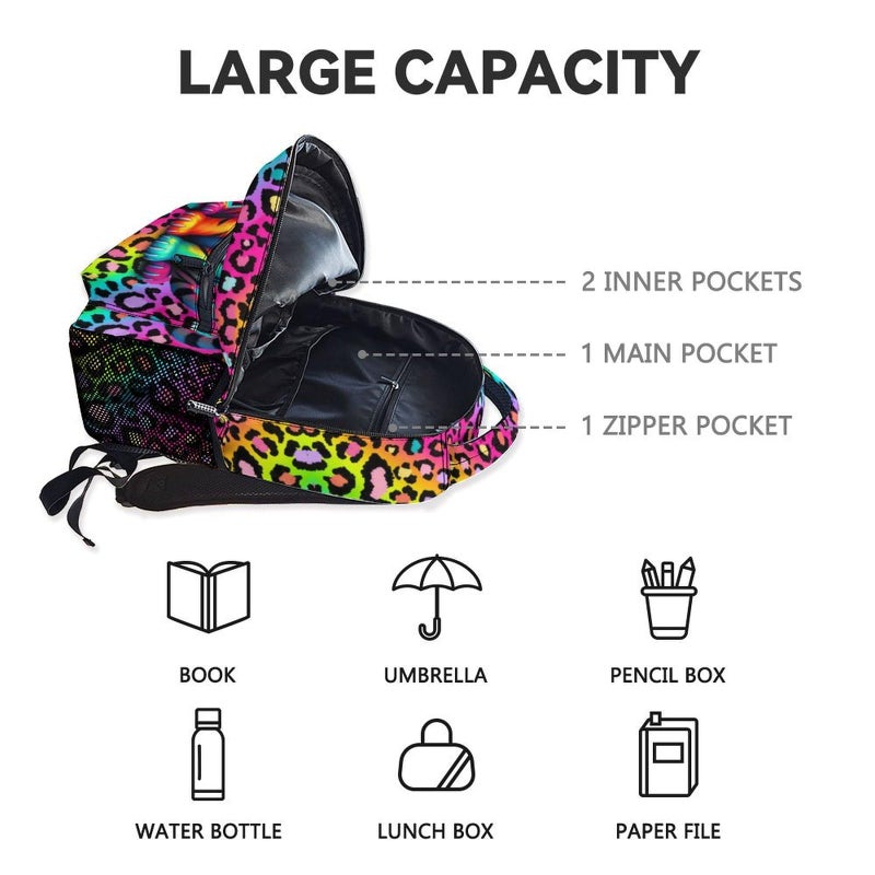 NICEFORNICE School Backpack for Girls - 17 Inch Kids Cheetah Backpacks Ages 6-8 - Cute Rainbow Leopard Print School Bag for Kindergarten - Image 5