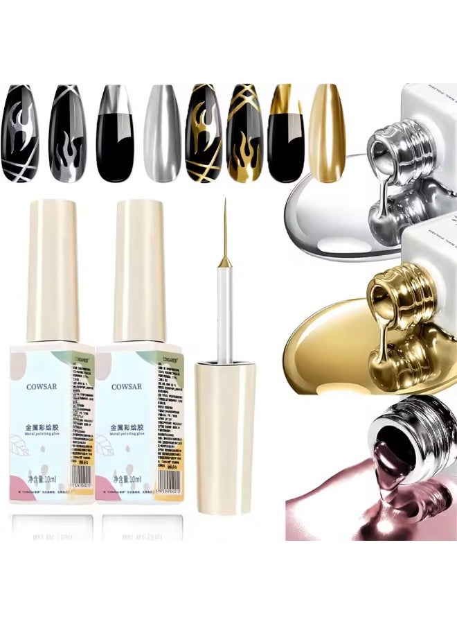 COWSAR جل تحديد ورسم الأظافر المعدني 10 مل – جل فن أظافر بتأثير كروم مرآة ثلاثي الأبعاد، جل رسم دقيق بخطوط رفيعة، طلاء أظافر معدني فضي/ذهبي/ذهبي وردي - Image 3