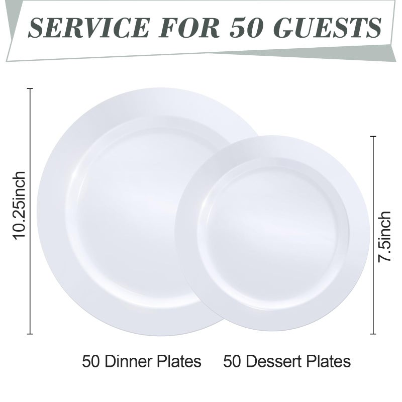 Bestluck 100PCS White Plastic Plates  White Disposable Plates for 50 Guests  50 Dinner Plates 10.25 inch and 50 Dessert/Salad Plates 7.5 inch for Party  Wedding - Image 2