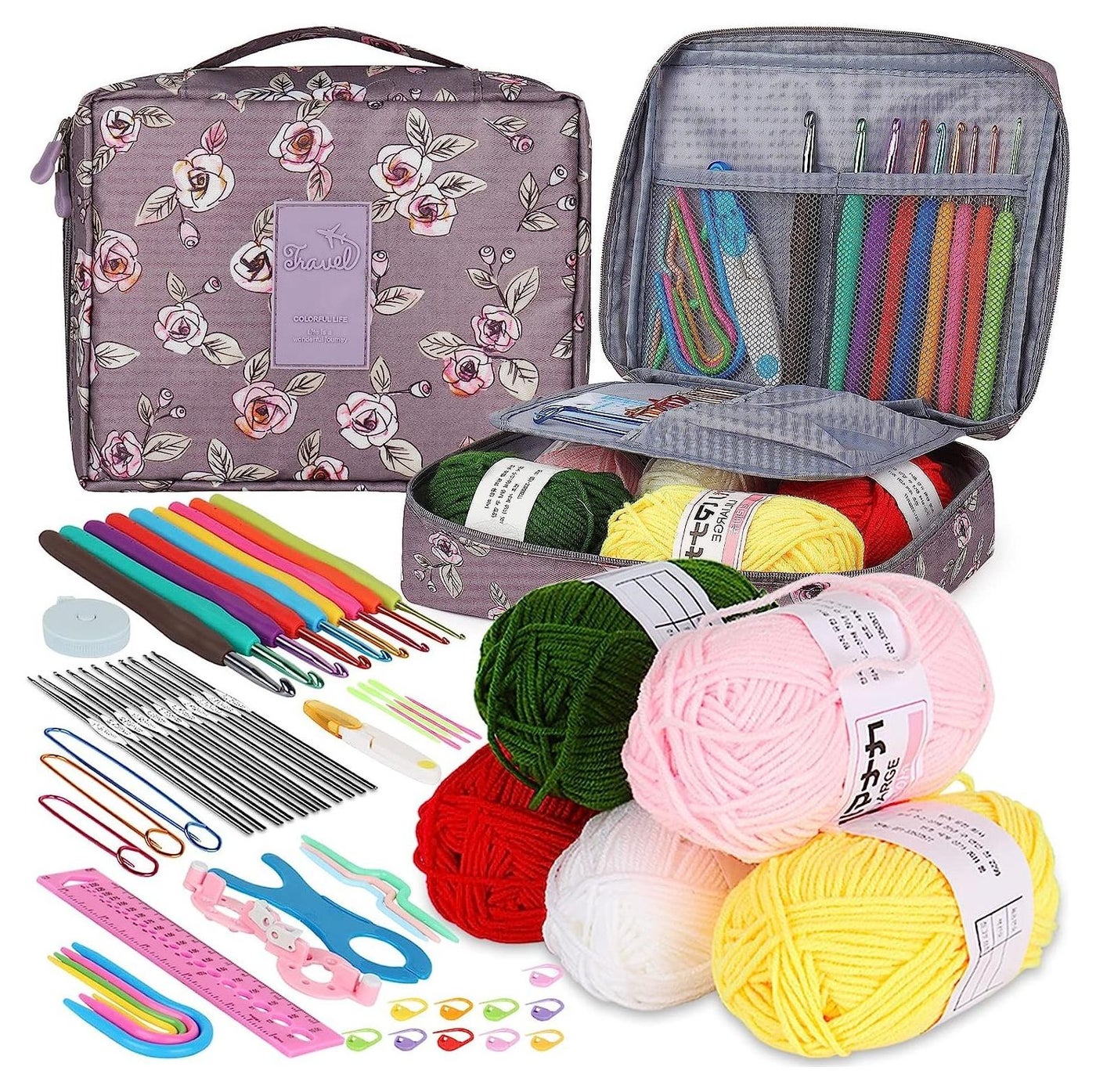 Crochet Kit - Multi Size Crochet Hook Set 0.6mm-6mm, Complete Crochet Kit for Beginners Adults, Crochet Set with Case Accessory - Crochet Gifts for Mothers and Grandmothers (Rose Purple)