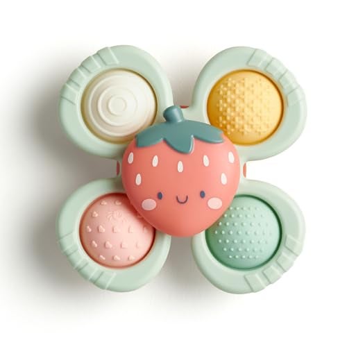 Itzy Ritzy Pop Whirl Fidget Spinner Travel Bath Toy for Babies Toddlers Fidget wTextured Silicone Popper to Develop Fine Motor Skills Sticks to Highchairs Tables Tubs More Strawberry - Image 1