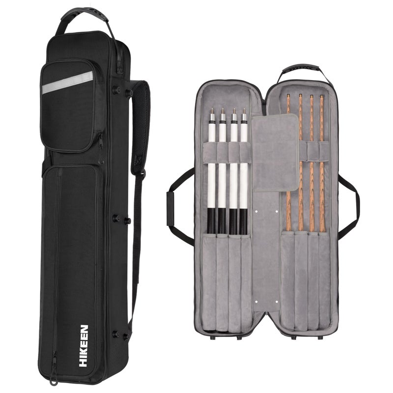 Hikeen Premium Hard Pool Cue Case,4 X 4 Pool Stick Case with Soft Velvet Lining Holds 4 Butts and 4 Shafts with Multi-Front Pocket for Billiard Accessories - Adjustable Shoulder Straps - Image 1