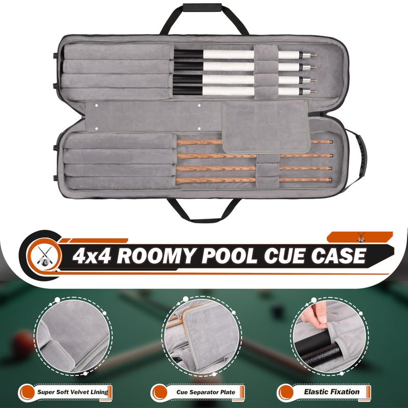 Hikeen Premium Hard Pool Cue Case,4 X 4 Pool Stick Case with Soft Velvet Lining Holds 4 Butts and 4 Shafts with Multi-Front Pocket for Billiard Accessories - Adjustable Shoulder Straps - Image 5