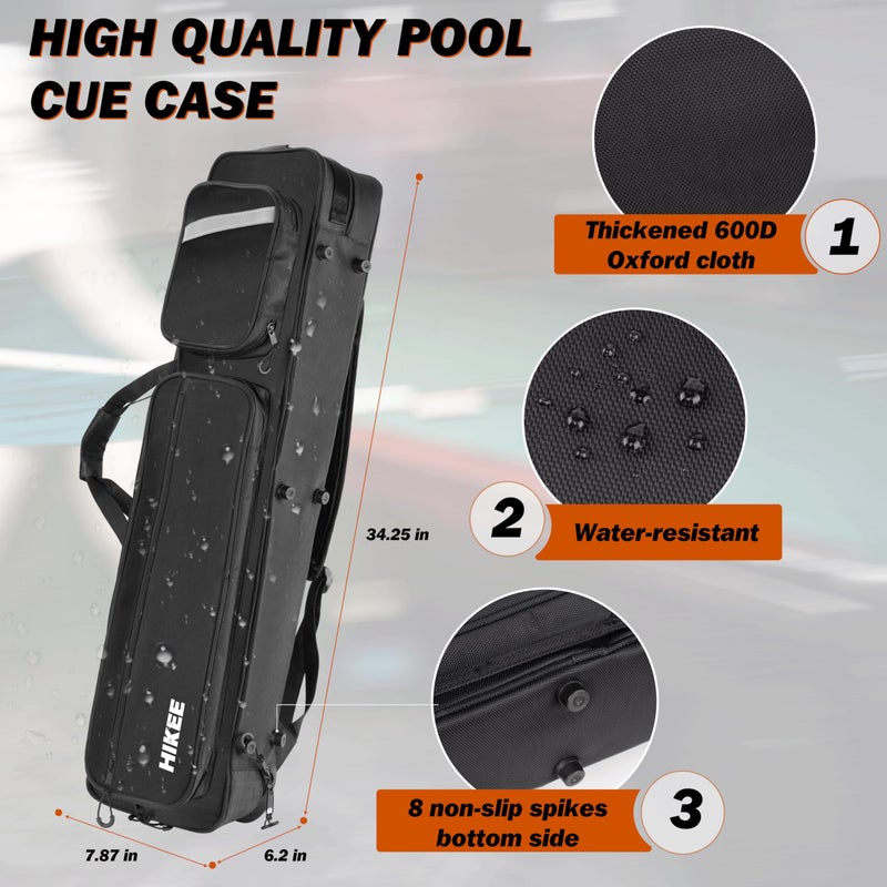Hikeen Premium Hard Pool Cue Case,4 X 4 Pool Stick Case with Soft Velvet Lining Holds 4 Butts and 4 Shafts with Multi-Front Pocket for Billiard Accessories - Adjustable Shoulder Straps - Image 3