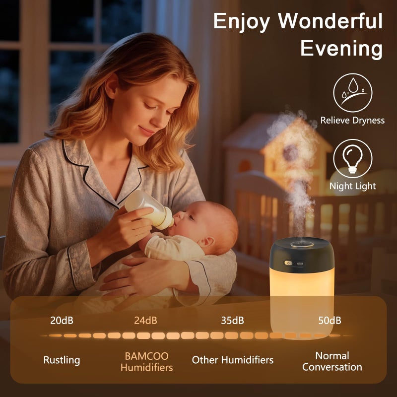 BAMCOO Portable Small Humidifier, 650ml Colorful Mini Humidifier for Bedroom, Office Desktop, Baby Room, Plants, Cool Mist Humidifiers(Black) - Image 3