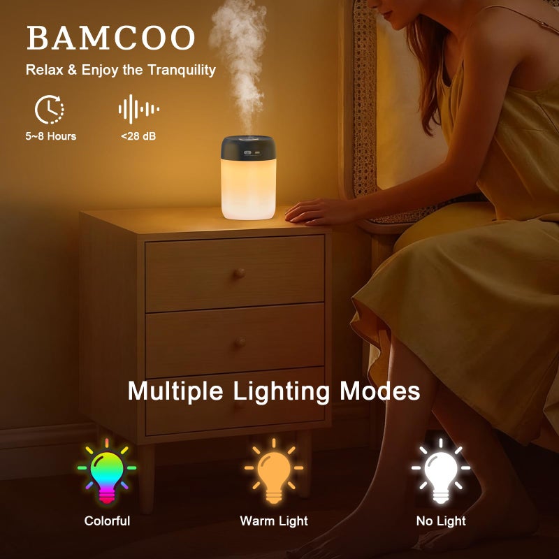 BAMCOO Portable Small Humidifier, 650ml Colorful Mini Humidifier for Bedroom, Office Desktop, Baby Room, Plants, Cool Mist Humidifiers(Black) - Image 2