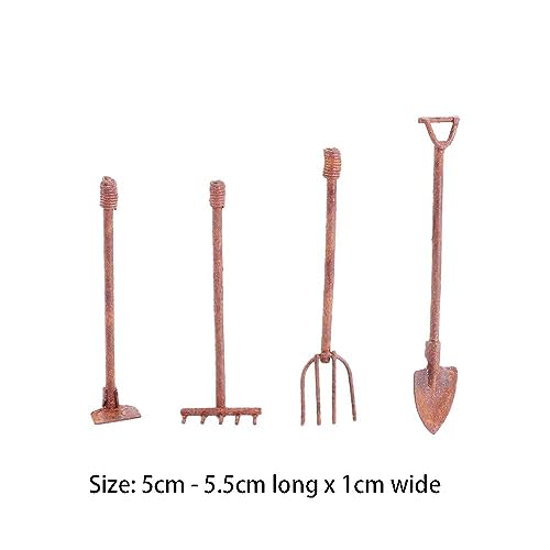 Kopida 4 Pcs/Set Miniature Dollhouse Garden Tools 1:12 Mini Rusty Shovel Hoe and Pitchfork Fairy Garden Accessories Furniture Ornaments Micro Landscape Decor (1.96~2.16Inch Long x 0.39Inch Wide) - Image 3
