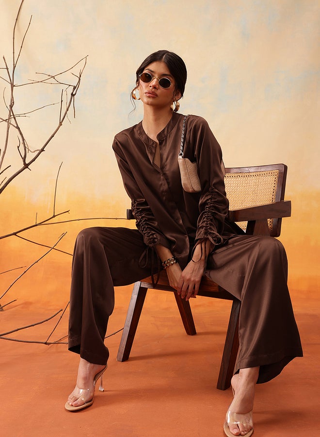 Indo Street Mandarin Collar Ruched Sleeve Shirt with Trouser Set - Image 1