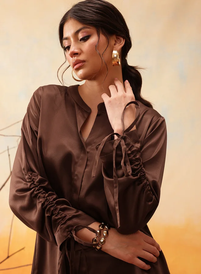 STREET 9 STREET 9 Mandarin Collar Ruched Sleeve Shirt with Trouser Set