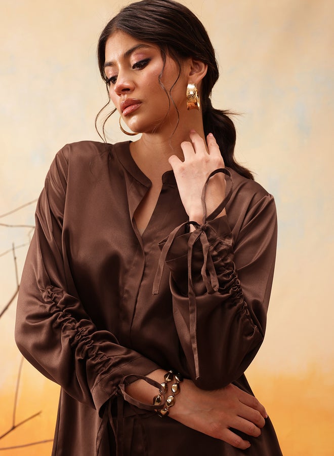 Indo Street Mandarin Collar Ruched Sleeve Shirt with Trouser Set - Image 3