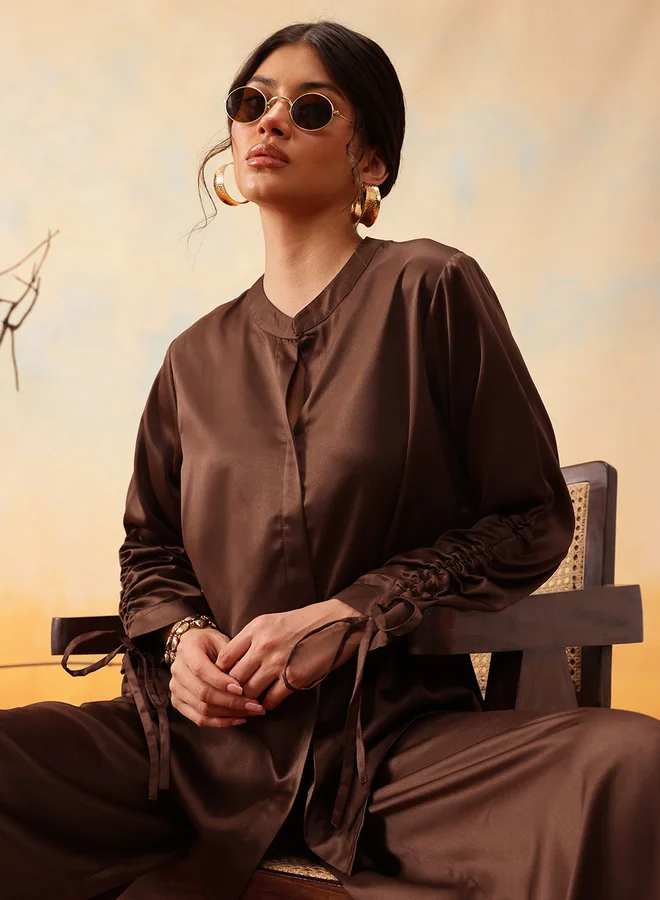 STREET 9 STREET 9 Mandarin Collar Ruched Sleeve Shirt with Trouser Set