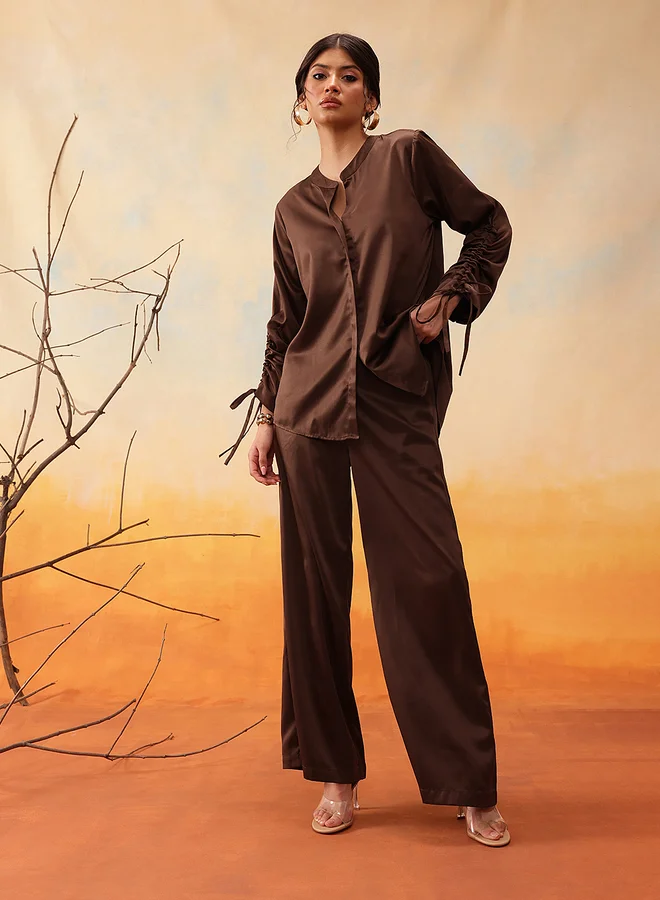 STREET 9 STREET 9 Mandarin Collar Ruched Sleeve Shirt with Trouser Set