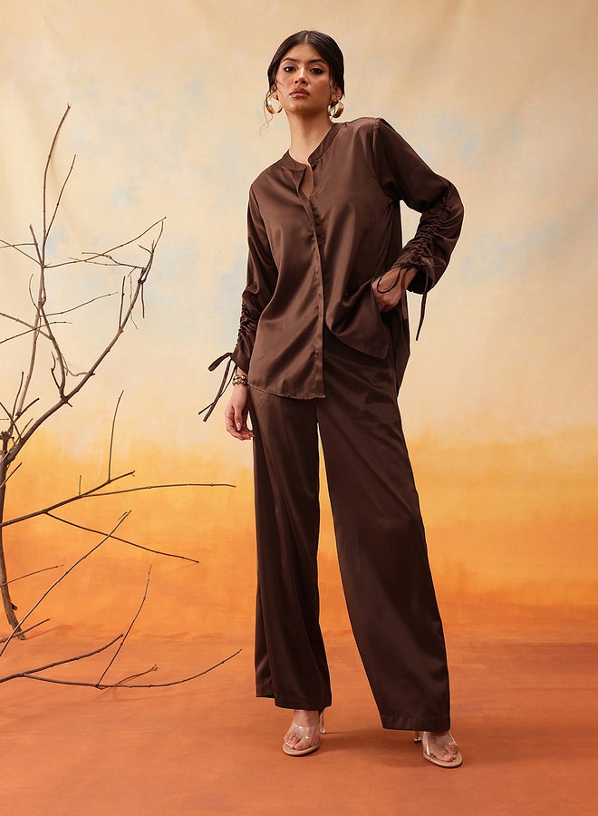Indo Street Mandarin Collar Ruched Sleeve Shirt with Trouser Set - Image 2