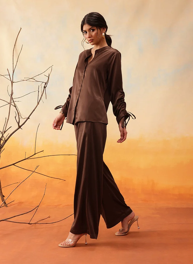 STREET 9 STREET 9 Mandarin Collar Ruched Sleeve Shirt with Trouser Set