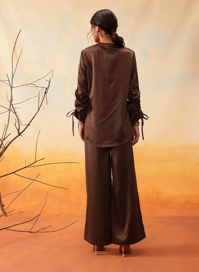 STREET 9 STREET 9 Mandarin Collar Ruched Sleeve Shirt with Trouser Set