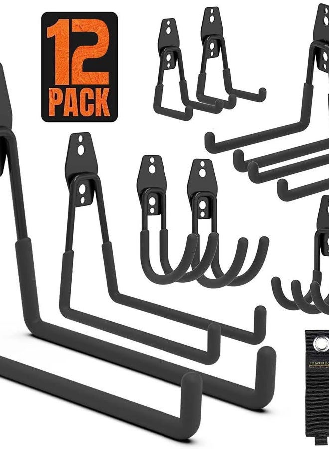 SMARTOLOGY Garage Hooks, 12 Pack Wall Storage Hooks with 2 Extension Cord Storage Straps, Heavy Duty Tool Hangers for Utility Organizations, Wall Mount Holders for Garden Lawn Tools, Ladders, Bike (Black) - Image 1