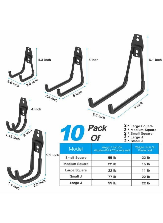 SMARTOLOGY Garage Hooks, 12 Pack Wall Storage Hooks with 2 Extension Cord Storage Straps, Heavy Duty Tool Hangers for Utility Organizations, Wall Mount Holders for Garden Lawn Tools, Ladders, Bike (Black) - Image 2