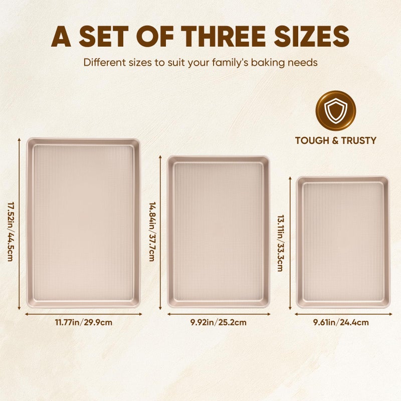 Sakerplus Nonstick Baking Sheet Pan Set of 3, Heavy Duty Cookie Sheets for Oven with Stripe Texture Pattern, 0.6mm Thick Quarter/Half/Jelly Roll Pans, Rust-Resistant & Easy Clean (Champagne Gold) - Image 5