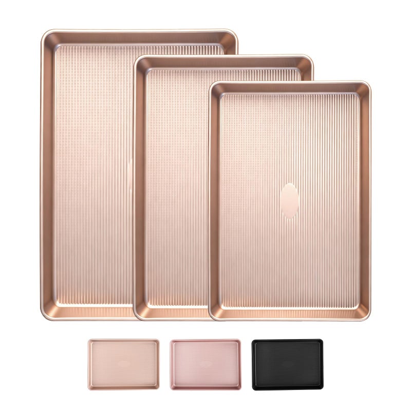 Sakerplus Nonstick Baking Sheet Pan Set of 3, Heavy Duty Cookie Sheets for Oven with Stripe Texture Pattern, 0.6mm Thick Quarter/Half/Jelly Roll Pans, Rust-Resistant & Easy Clean (Champagne Gold) - Image 1