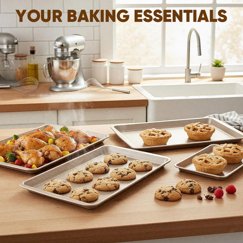 Sakerplus Nonstick Baking Sheet Pan Set of 3, Heavy Duty Cookie Sheets for Oven with Stripe Texture Pattern, 0.6mm Thick Quarter/Half/Jelly Roll Pans, Rust-Resistant & Easy Clean (Champagne Gold) - Image 2