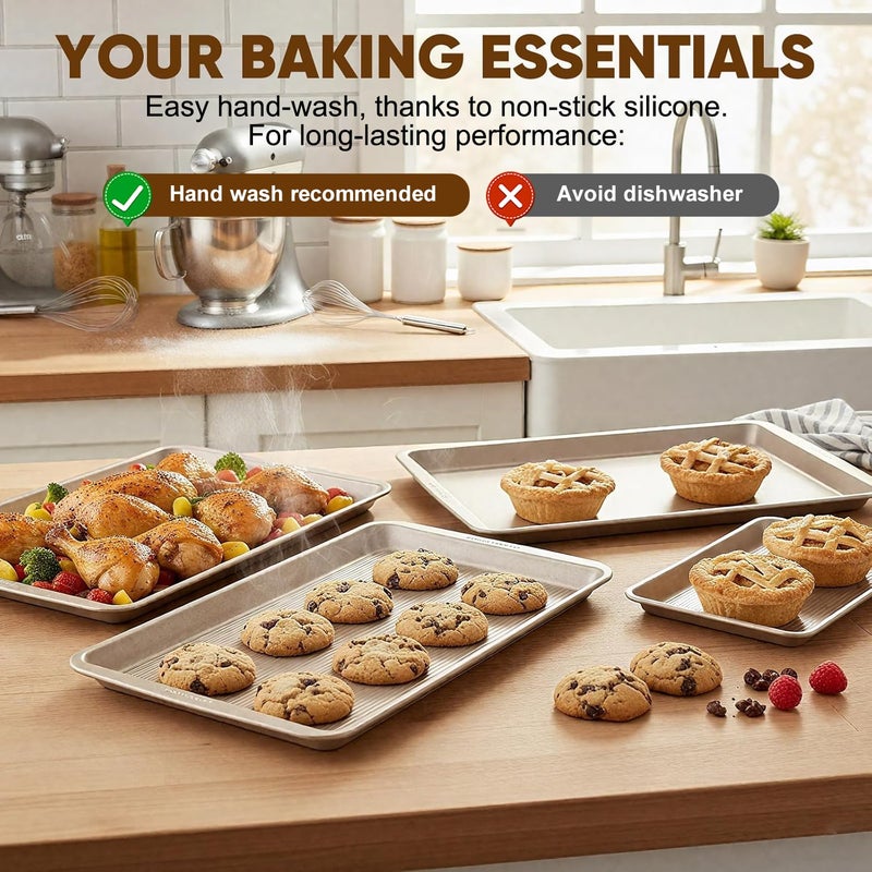 Sakerplus Nonstick Baking Sheet Pan Set of 3, Heavy Duty Cookie Sheets for Oven with Stripe Texture Pattern, 0.6mm Thick Quarter/Half/Jelly Roll Pans, Rust-Resistant & Easy Clean (Champagne Gold) - Image 3