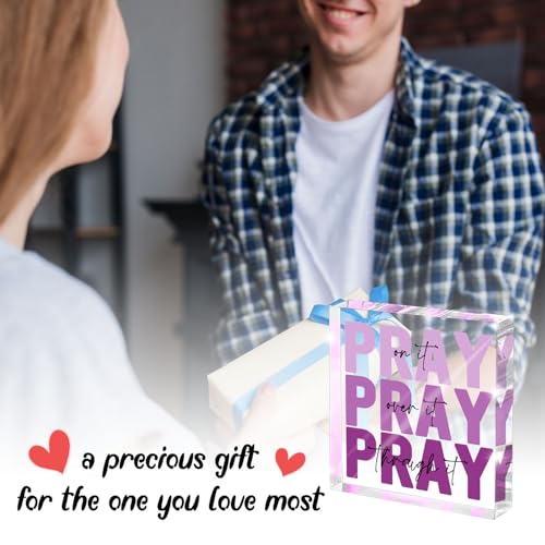 zaxek Purple Christian Gifts for Women -Religious Plaques Christian Woman Decor Gift, Modern Home Office Room Bathroom Bedroom Tabletop Shelf Desk Valentines Day Decor, Pray on it Pray through it, Baptism Gifts - Image 5