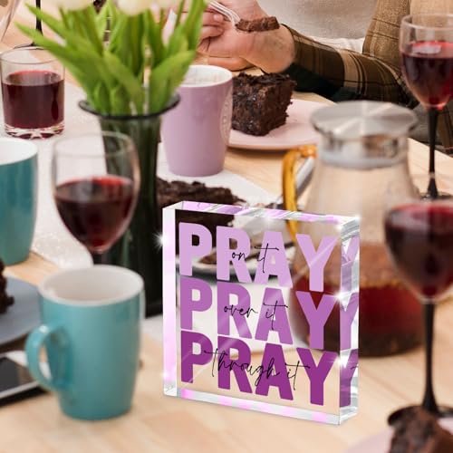 zaxek Purple Christian Gifts for Women -Religious Plaques Christian Woman Decor Gift, Modern Home Office Room Bathroom Bedroom Tabletop Shelf Desk Valentines Day Decor, Pray on it Pray through it, Baptism Gifts - Image 3
