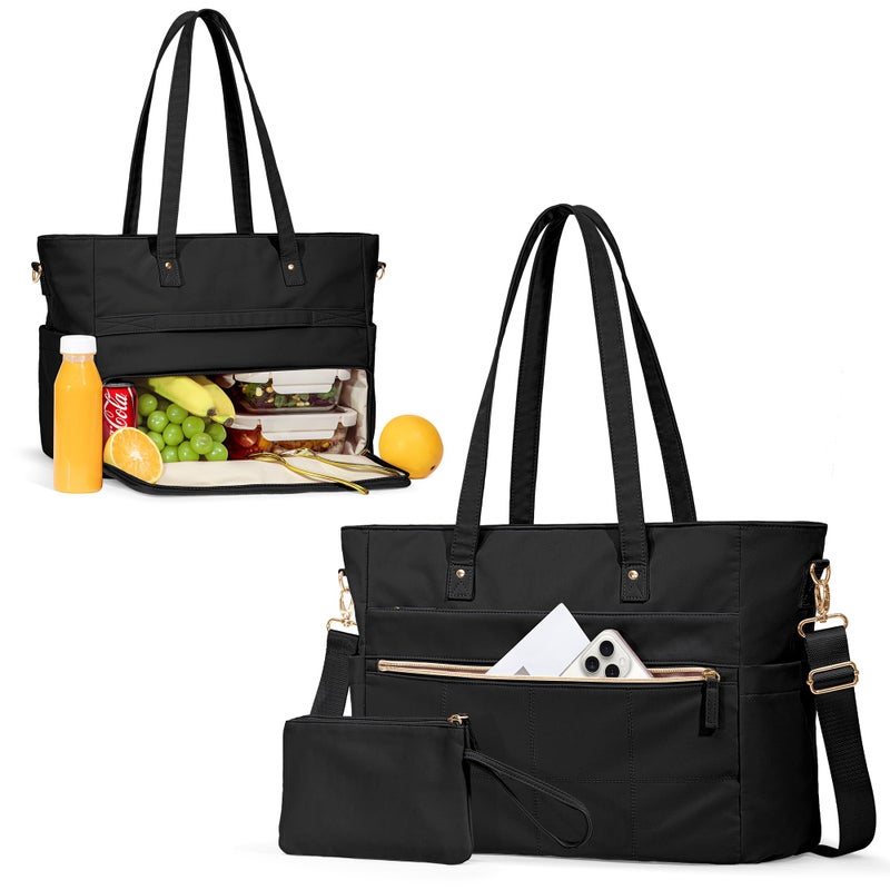 Marscamd Lunch Tote Bag with Insulated Compartment & 15.6" Laptop Sleeve, Womens 2-in-1 Water-resistant Work Bag for Office with a Purse & Crossbody Strap, Black - Image 1