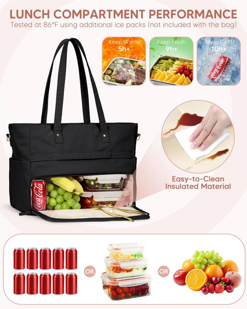 Marscamd Lunch Tote Bag with Insulated Compartment & 15.6" Laptop Sleeve, Womens 2-in-1 Water-resistant Work Bag for Office with a Purse & Crossbody Strap, Black - Image 4