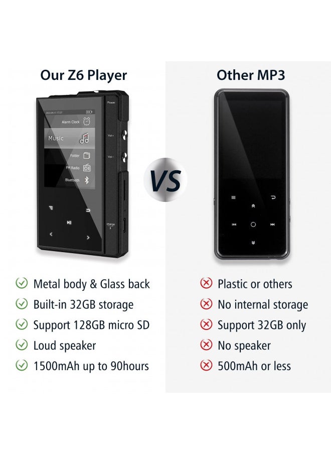 Phinistec 32GB MP3 Player with Bluetooth 5.0, Phinistec Z6 Digital Audio Player with Loud Speaker, 2.4 IPS Super Battery Life Music Player with FM Radio, E-Book, Music Alarm Support up to 256GB  - Image 1