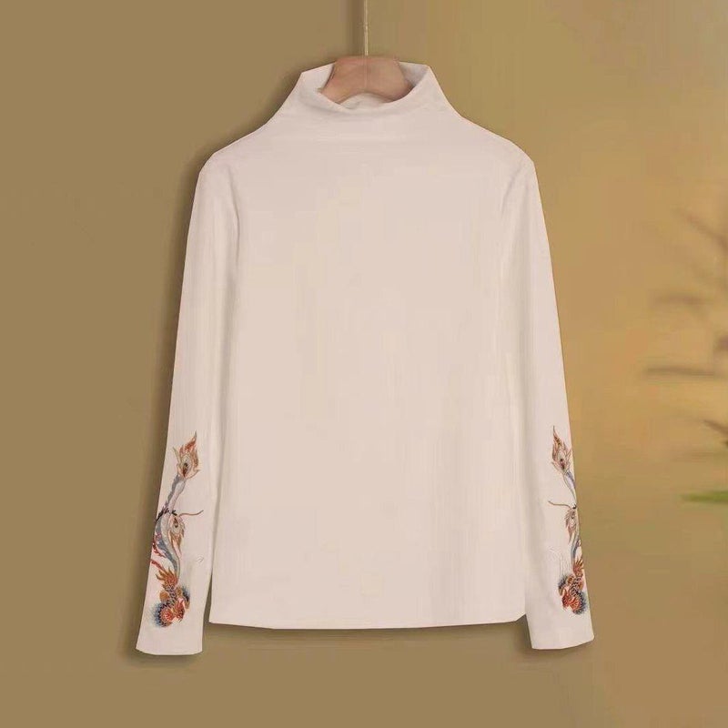 Thickened Warm Artistic Retro Embroidered All-Match Top Ethnic Style Chinese Half-High Collar Double-Sided Fleece T-Shirt - Image 4