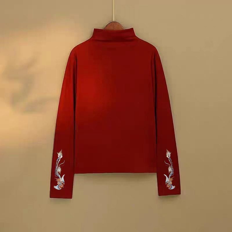 Thickened Warm Artistic Retro Embroidered All-Match Top Ethnic Style Chinese Half-High Collar Double-Sided Fleece T-Shirt - Image 1