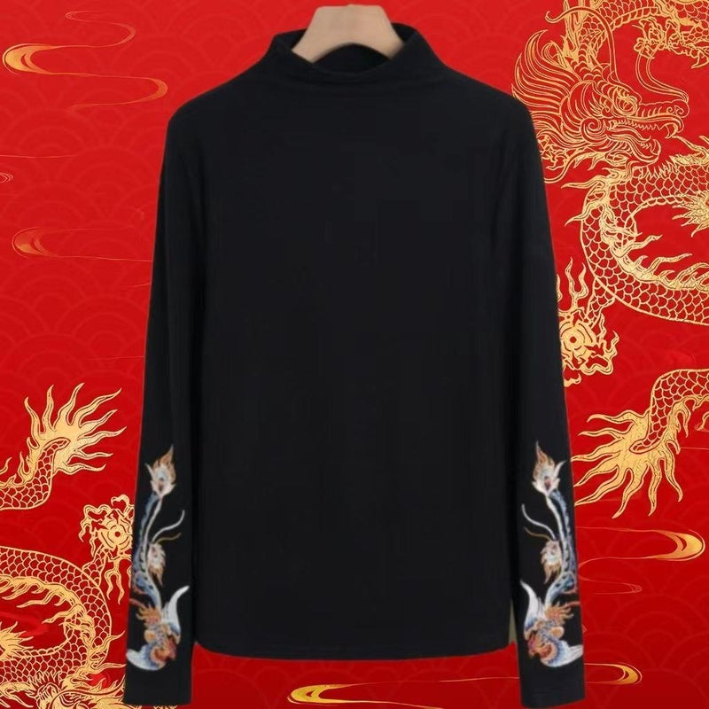 Thickened Warm Artistic Retro Embroidered All-Match Top Ethnic Style Chinese Half-High Collar Double-Sided Fleece T-Shirt - Image 5