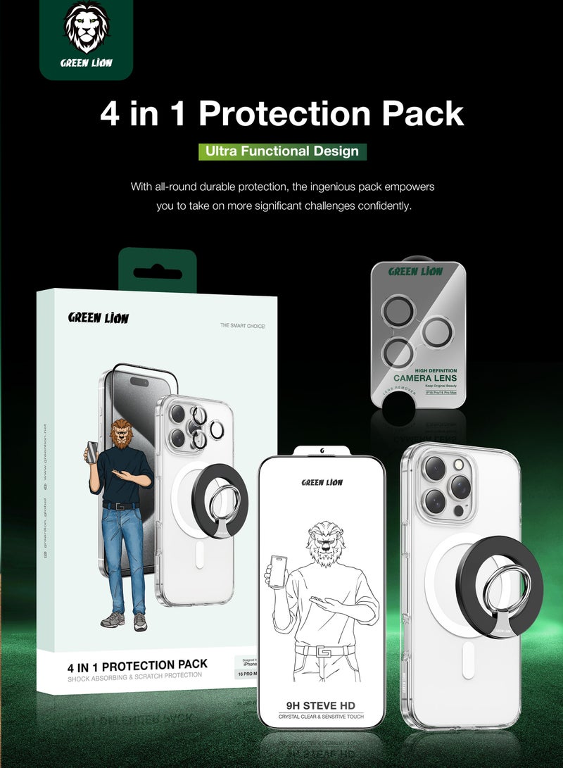 GREEN LION 4 in 1 Protection Pack For iPhone 16 Pro Max / Anti-Shock Case / Camera Lens Film / 9H Steve Glass / Magnetic Ring Clasp - Clear - Image 2